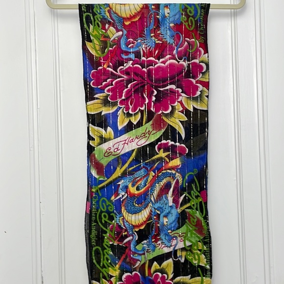 Ed Hardy Accessories - ED HARDY by Christian Audigier Cotton Scarf dragons floral gemstone
